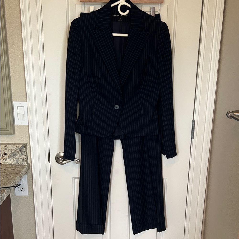 Ralph Lauren Navy with White Pinstripe Suit. Size 6